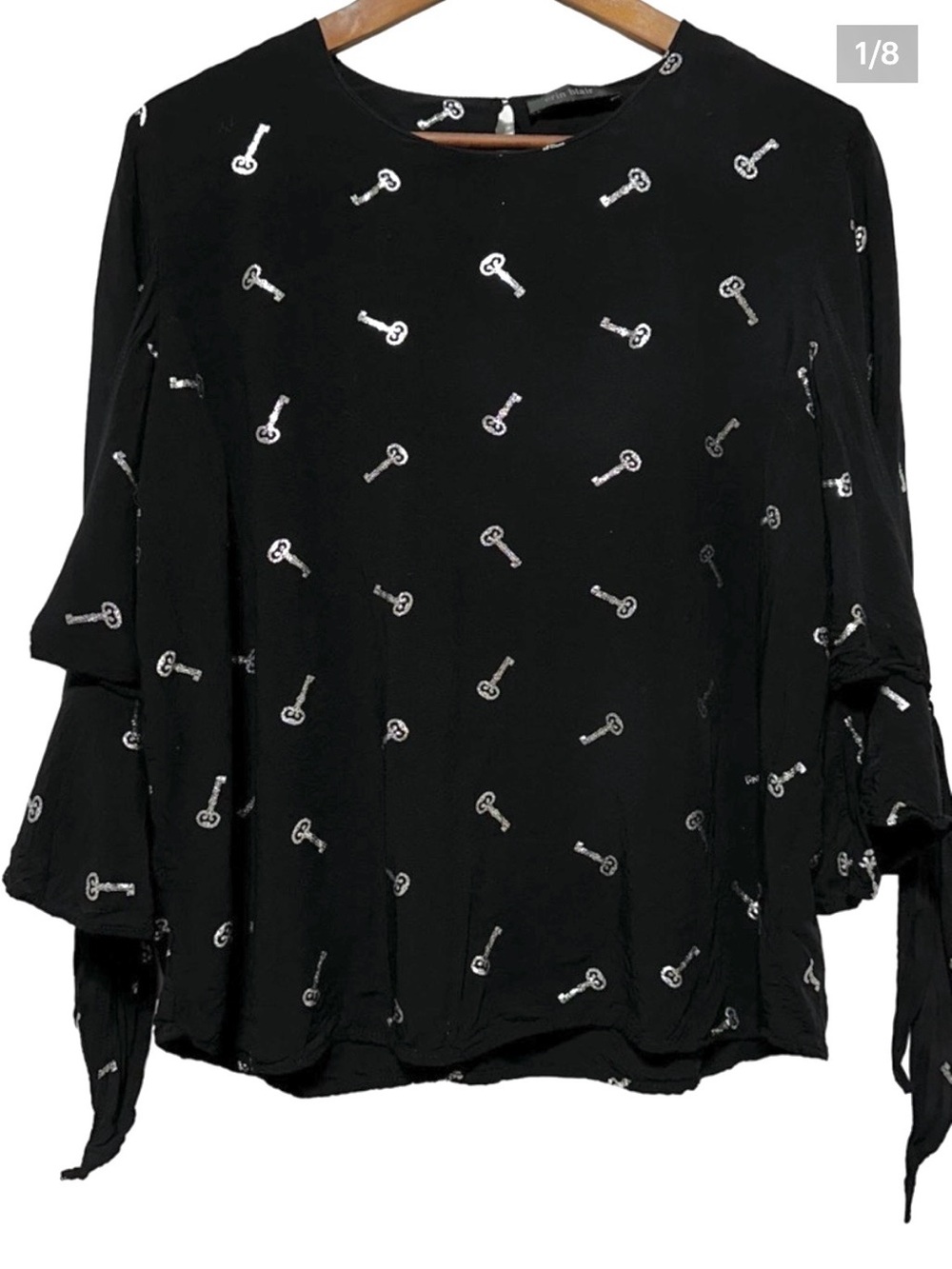 Erin Blair Silver Key Print Bell Sleeve Tie Cuff Black Blouse XL Whimsigoth